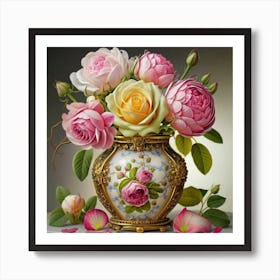 Antique fuchsia jar filled with purple roses, willow and camellia flowers 3 Art Print