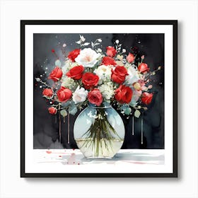 Red And White Flower Bouquet In A Vase Art Print