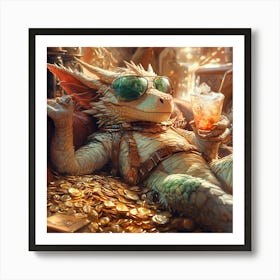 Cool Dragon Lounging on Gold Background 5 Art Print