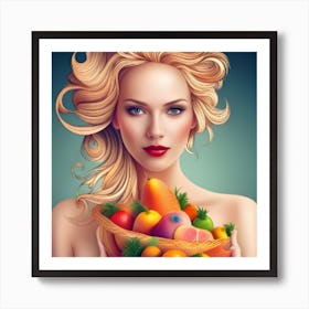 Blond Woman With Basket Of Fruits Art Print