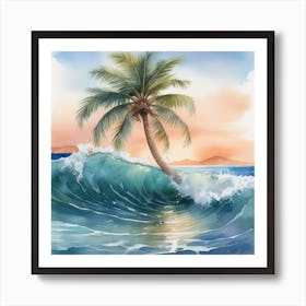 Palm Tree In Sea Watercolor Art Print