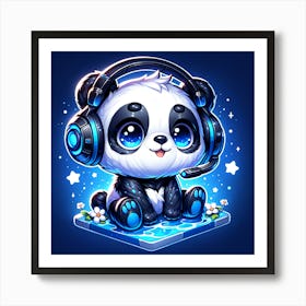 Panda Blue Headphones Art Print