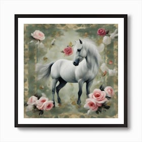 White Horse With Roses Art Print