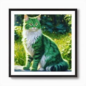 Explore the Allure of a Green Cat Resting on Stone. Art Print