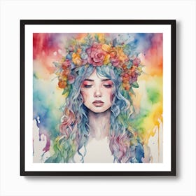 Watercolor Girl With Flower Crown Art Print