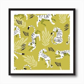 White Tiger Pattern On Light Green Square Art Print