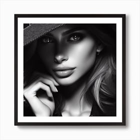 The Girl In The Hat 1/4 (beautiful female lady model black and white portrait close up face) Art Print