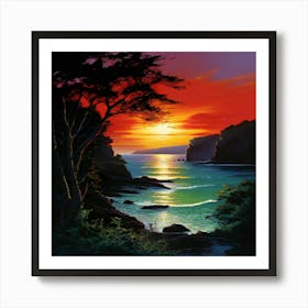 A Hidden Cove Nestles The Meeting Of The Deep Red Sunset With The Olive Green Landscape Art Print