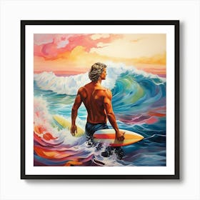 Surfer At Sunset Art Painting Art Print