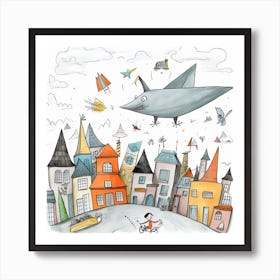 Illustration Of A Boy Flying A Plane Art Print