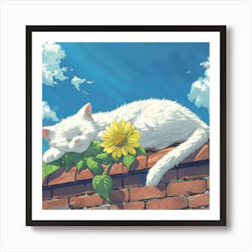 White Cat Sleeping On A Brick Wall 1 Art Print