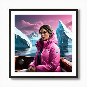 Woman in down jacket riding a boat, polar region, iceberg 1 Art Print