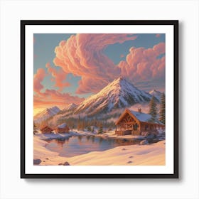 Mountain village snow wooden huts 9 Art Print