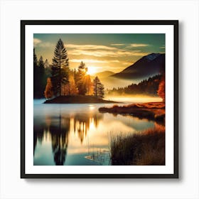 The Sun Setting Over Misty Lake With Gold Grass And Trees In Autumn Art Print