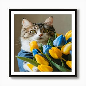 Cat Holding Tulips 1 Art Print