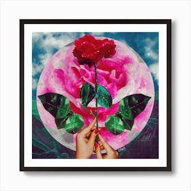 English Rose And Moon Collage Square Art Print