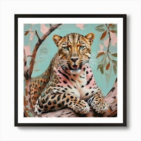 Stunning Leopard Looking At Camera Sitting In Tree Shades Of Blush Pink Pale Blue Art Print