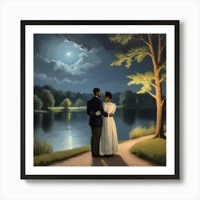 Couple By A Lake Cuddling 1 Art Print