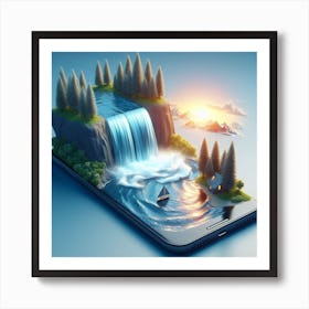 A smartphone whose screen displays a miniature view of a waterfall. 5 Art Print