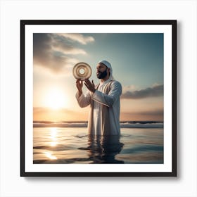 Muslim Man Holding A Golden Disc In The Water Art Print