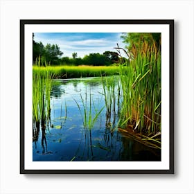 Grass Plant Vegetation Water Reed Calm Cane Season Scene Green Tranquil Background Natur (2) Art Print