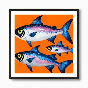 Three Fish On Orange Background Art Print