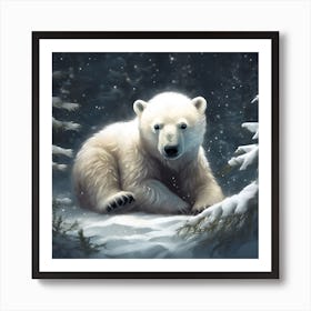 Polar Bear Cub at Night in the Falling Snow Art Print