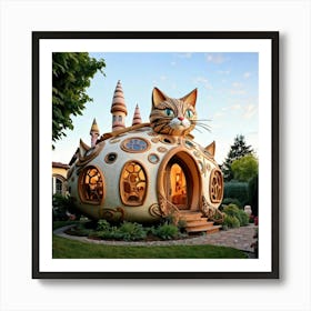 Whimsical House Shaped Like A Giant Cat Playful And Charming Feline Architecture Rising Against A B Art Print