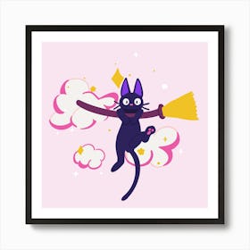 Black Cat With A Broom Art Print