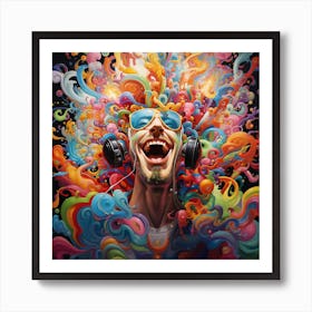 Man With Headphones Listening To Music Art Print