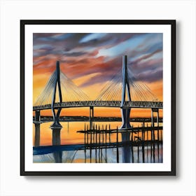 Sunset over the Arthur Ravenel Jr. Bridge in Charleston. Blue water and sunset reflections on the water. Oil colors.11 Art Print