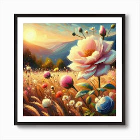 Flower Field At Sunset Art Print