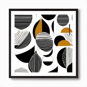 Retro Inspired Linocut Abstract Shapes Black And gold Minimal, 1126 Art Print