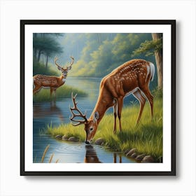 Deer Drinking Water Art Print