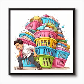 Cartoon Man Pushing Laundry Baskets Art Print