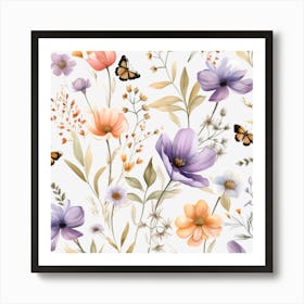 Flowers On Black Background Art Print