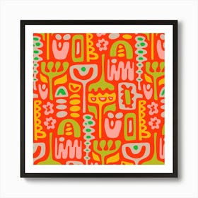 DREAMSCAPE Retro 70s Abstract Organic Floral Botanical Shapes in Blush Pink Green Yellow Cream on Coral Orange Art Print