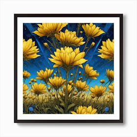 Yellow Flowers In Field With Blue Sky Centered Symmetry Painted Intricate Volumetric Lighting Art Print