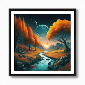 A Picture Of A Fall Landscape With Trees Mountain 2 Art Print