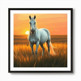 White Horse In The Field At Sunset 1 Art Print