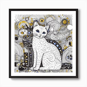 Gustav Klimt Style Doodle Cats On A Background Art Print