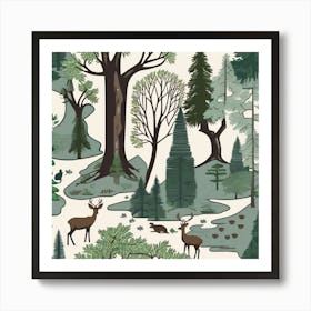 Forest Seamless Pattern, A Serene Forest Landscape With Wildlife Living In Harmony Art Print