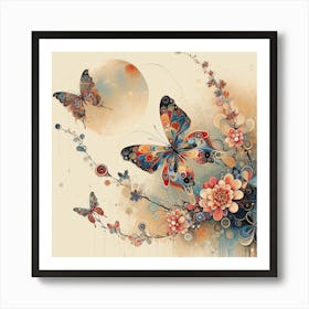 Japanese Butterfly Art with Moon Art Print