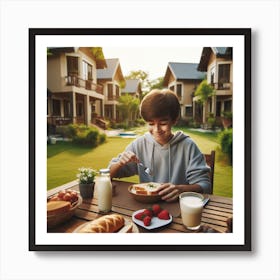 Boy Eating Breakfast At Home Art Print