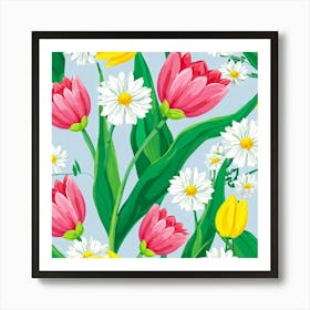 Cartoon Style Digital Painting Of An Isolated Spring Bouquet Featuring Blooming Tulips Roses And D 2 1 Art Print