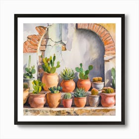 Watercolor painting of an old, weathered wall with cracked stone and peeling paint. The background features various sizes and shapes of terracotta pots on the shelf below. Each pot is filled with vibrant cacti or succulents, 3 Art Print