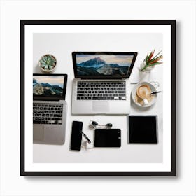 A collection of modern and stylish technology devices, such as laptops, smartphones, and tablets, arranged in a sleek and organized workspace. These images are commonly used in marketing, technology, and business-related projects to convey innovation and professionalism Art Print