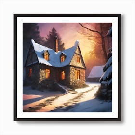 Stone Cottage in Snowy Conifer Forest Art Print