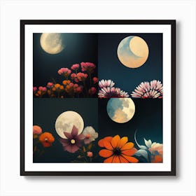 Moon And Flowers Set Art Print