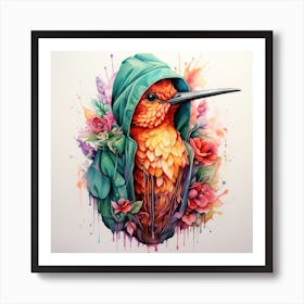 Watercolour Cartoon Hummingbird In A Hoodie 3 Art Print